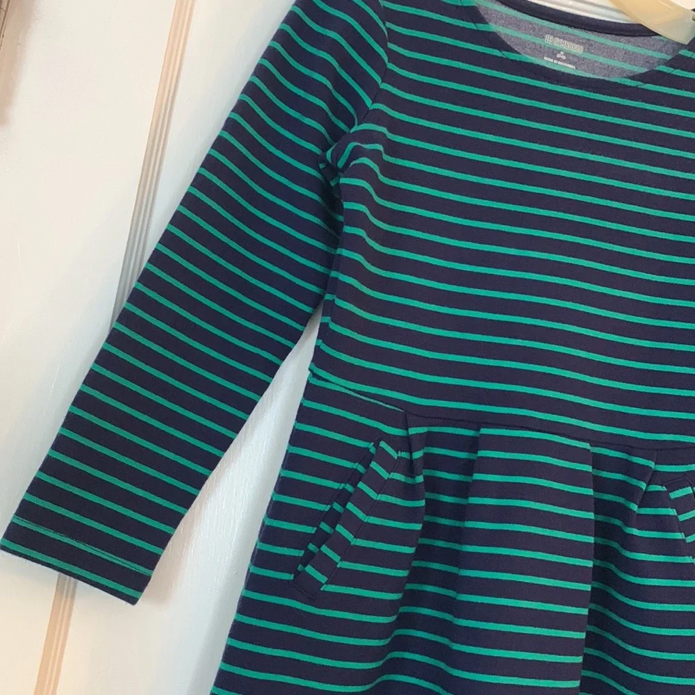 Gymboree Navy Blue & Green Striped Dress Long Sleeve Crew Neck Pockets 7/8 EUC